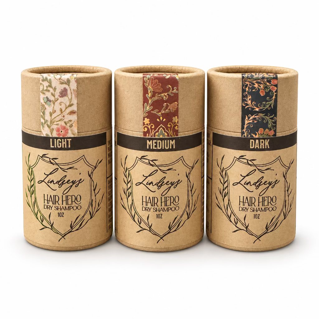 Lindsey's Hair Hero Dry Shampoo in Light, Medium and Dark kraft tubes