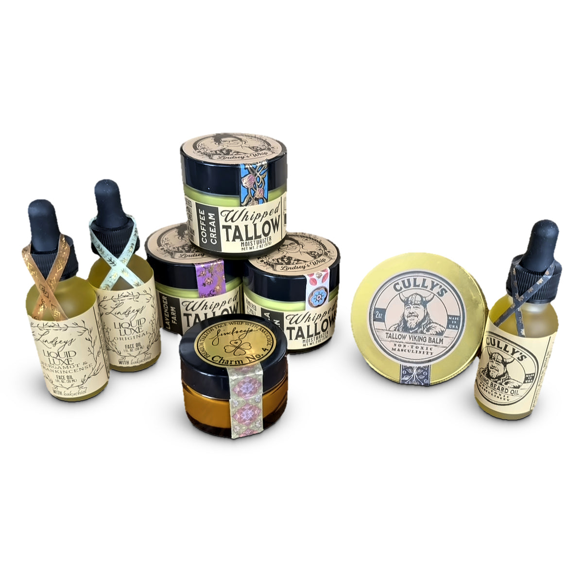 Pratt & McCabe His & Hers lineup: Liquid Luxe face oils, Lindsey's Whip jars, Charm No. 4, Cully's Viking Balm and Beard Oil