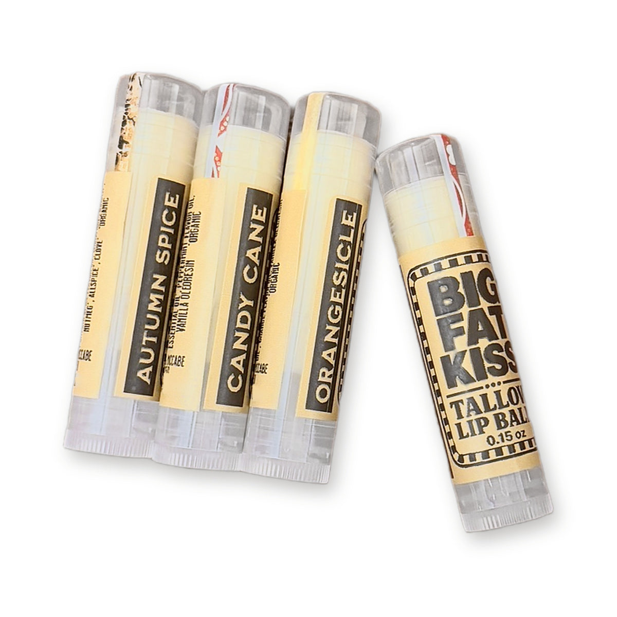 Big Fat Kiss Tallow Lip Balm tubes in Autumn Spice, Candy Cane and Orangesicle