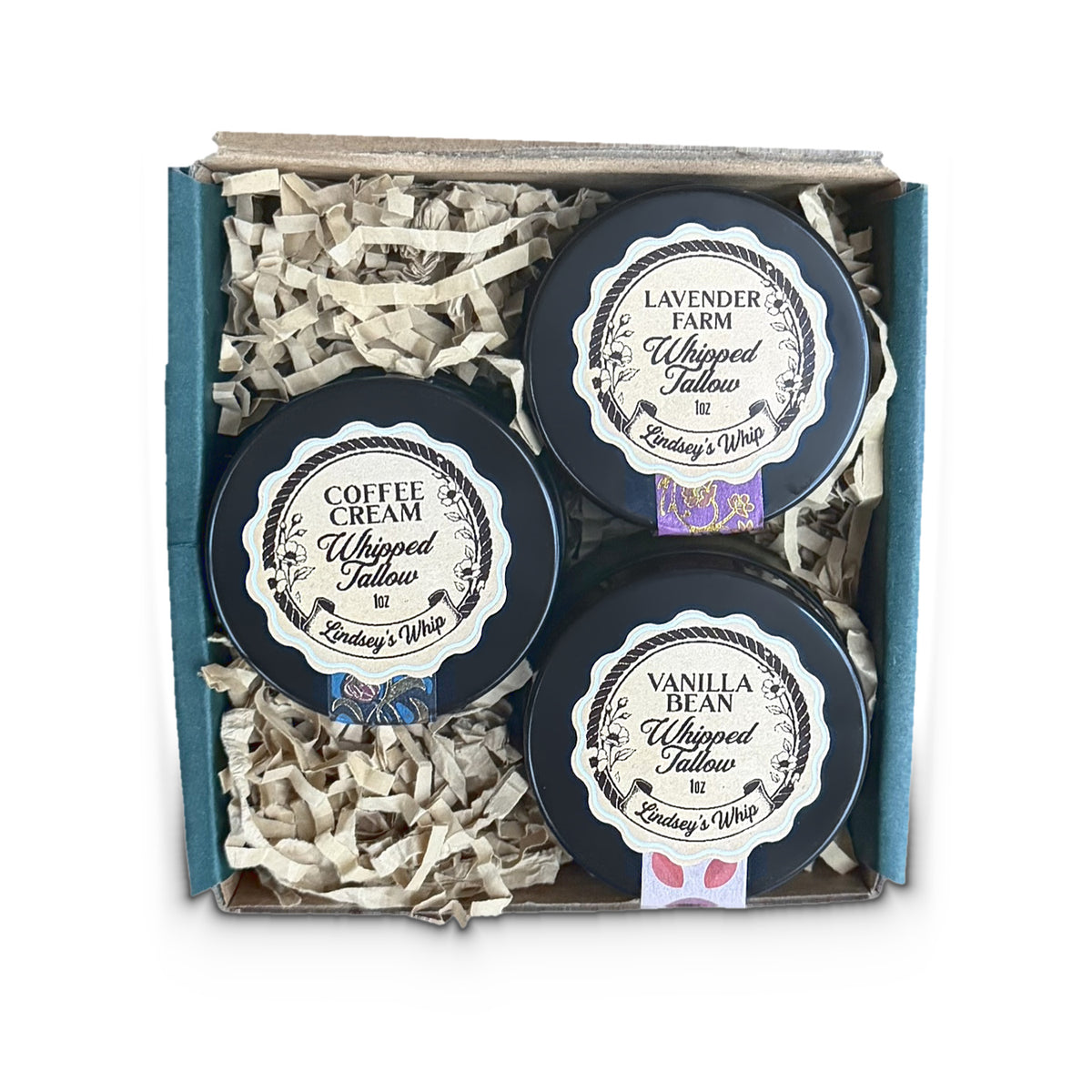 Lindsey's Whip Trio gift box with Coffee Cream, Lavender Farm and Vanilla Bean 1 oz jars