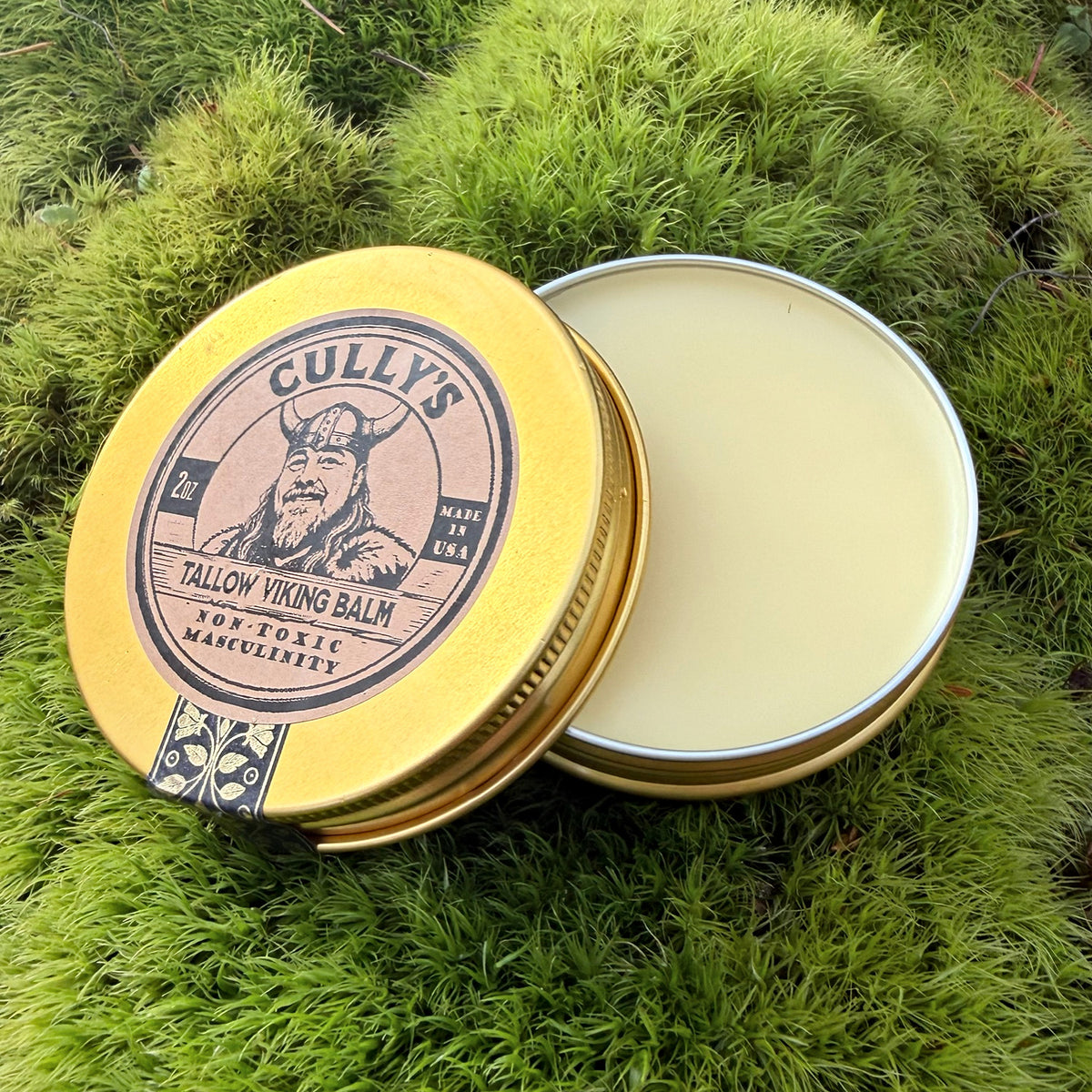 Cully's Tallow Viking Balm, open tin showing the balm