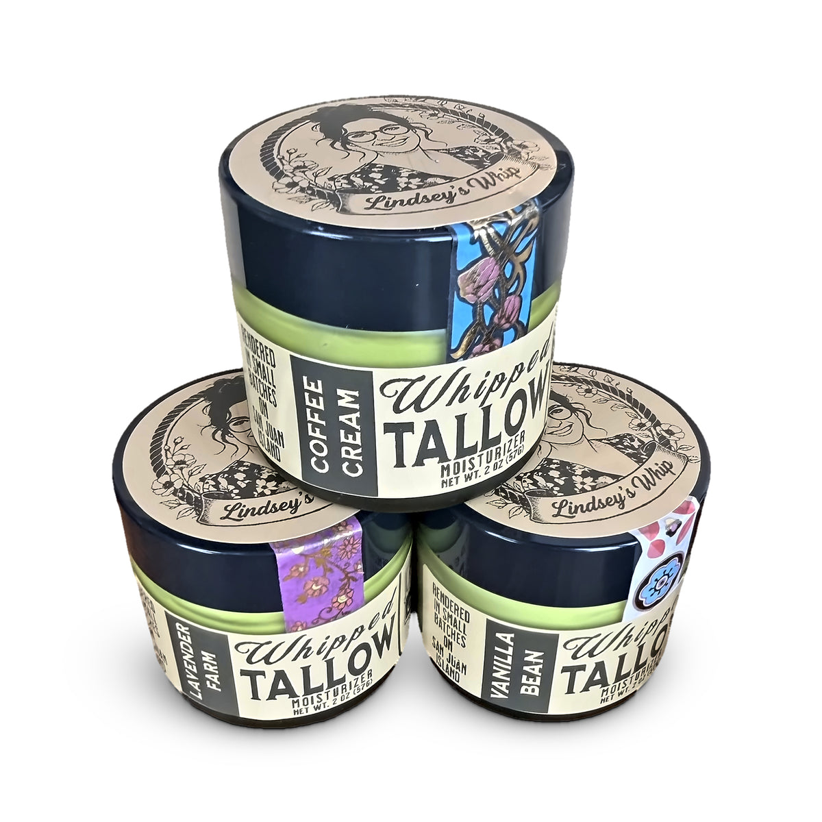 Lindsey's Whip whipped tallow in Coffee Cream, Lavender Farm and Vanilla Bean, 2 oz jars
